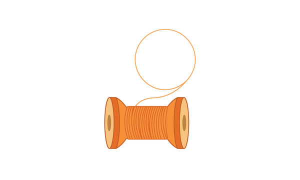 Spool of orange thread with speech bubble representing storytelling and connection.
