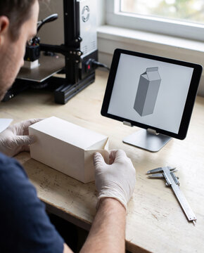 Packaging engineer comparing a 3D-printed prototype to a tablet CAD wireframe