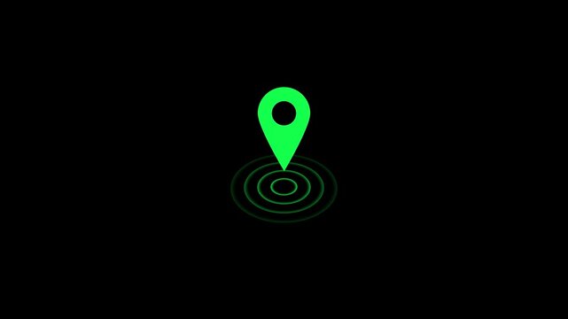 GPS location pointer animated with radio wave, location map pointer with pin icon and location animation  4k animation video on black  background with alpha channel.