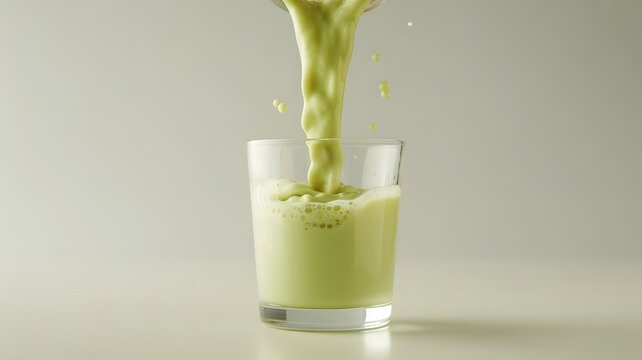 Creamy light green matcha drink being poured into a clear glass against a neutral background