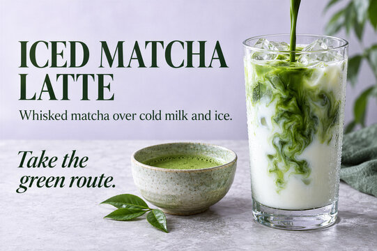 Iced Matcha Latte Poster with Green Tea Poured over Milk and Ice