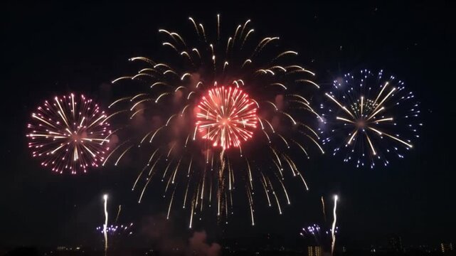 Cinematic fireworks exploding in a clear night sky above a distant city skyline, featuring colorful golden, white, red and blue bursts with realistic sparks, smoke and atmospheric glow.