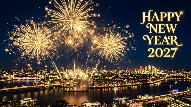 Spectacular new year's eve 2027 celebration with a breathtaking display of vibrant fireworks illuminating the night sky above a glittering cityscape marking a fresh start