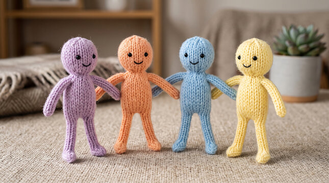 Colorful knitted yarn stick figure dolls holding hands together on a cozy surface