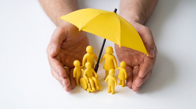 Hands holding yellow umbrella protecting small yellow family figures illustration concept