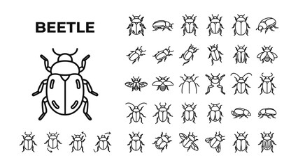 Fototapeta premium Set of Beetle Icons: A collection of stylized line art icons representing various types of beetles and insects, ideal for graphic design and scientific illustration.