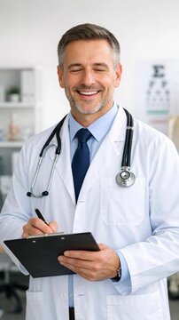 Friendly male doctor with stethoscope holding a clipboard in a medical clinic