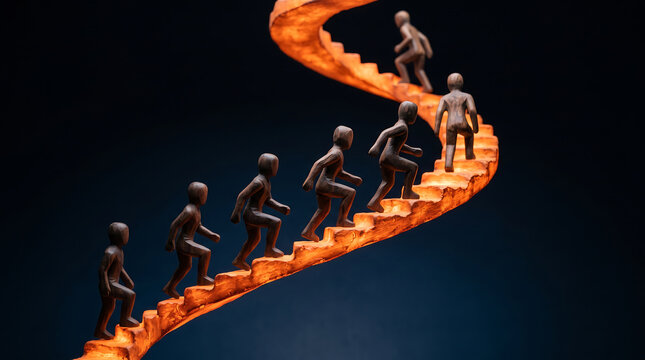 Small figures climbing glowing orange spiral staircase against dark background scene illustration