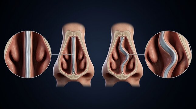 Medical illustration comparing a normal nasal septum with a deviated septum, showing anatomical differences and their impact on nasal passages.
