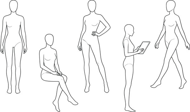 Fashion croquis template featuring female figures in diverse poses and styles