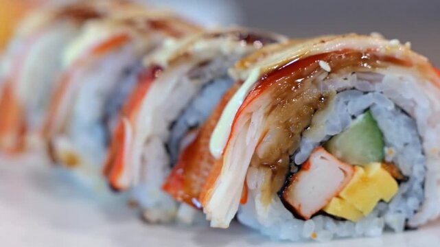 Japanese Sushi Roll with Seafood, Avocado and Rice Closeup Detail Evokes Appetite