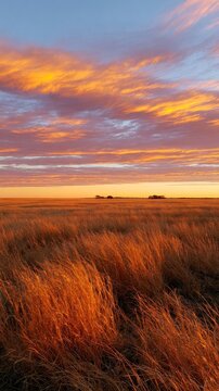 Golden sunset over serene grassy field landscape.