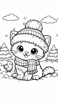Cute Kitten Wearing Winter Hat and Scarf in a Snowy Landscape