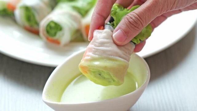 Hand Dipping Fresh Spring Roll into Creamy Green Sauce at Table