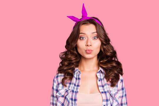 Portrait of nice cheerful cheery foolish sweet positive lovely adorable attractive playful mood lady wearing head band horns isolated over violet pastel background