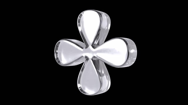 Abstract Isolated White Silver Chrome Glass Y2K Four Cross Leaf Clover 3D Shape with Soft Petals on Black Background &ndash; Seamless 4K Loop PBR Animation Video