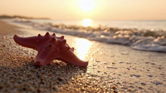 Pink Starfish Washed by Gentle Waves at Sunrise - A pink starfish rests on a sandy beach as gentle waves wash over it.