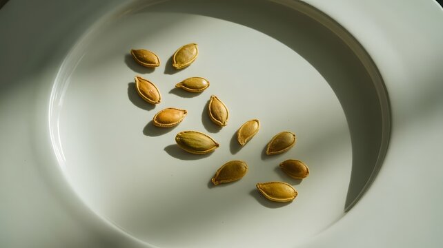 Roasted pumpkin seeds arranged neatly on a clean white plate with natural evening sun lighting effects