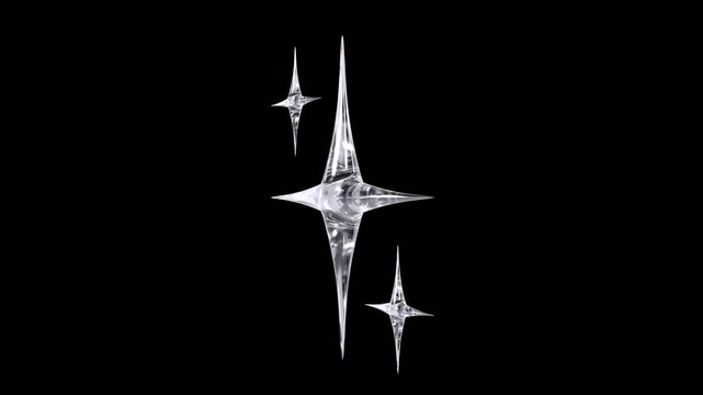 Abstract Isolated Shiny Silver Chrome Geometric Sparkle Stars 3D Shape Set on Black Background &ndash; Seamless 4K Loop PBR Animation Video