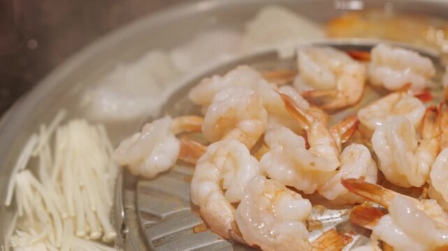 Grilled Shrimp Enoki Mushroom Seafood Hot Pot and Rice on Hot Plate