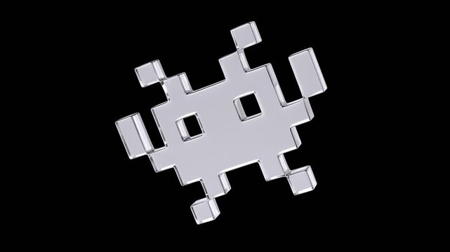 Abstract Isolated White Silver Chrome Glass Geometric Pixel Robot 3D Shape on Black Background &ndash; Seamless 4K Loop PBR Animation Video