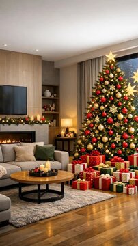 Cozy Living Room with Decorated Christmas Tree and Gifts by Fireplace