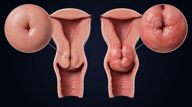 Medical illustration comparing a normal female uterus and cervix with one affected by a uterine prolapse or fibroid, showing internal and external views.