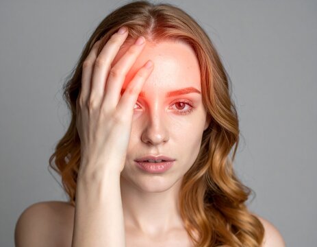 Exhausted person feeling dizzy and experiencing acute head pain highlighted by a glowing red focal point.