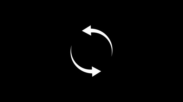 White circular arrows rotate loop animation on black background, minimalist refresh sync icon video element
