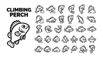 Obraz premium Climbing Perch Icons: A collection of simple, charming black and white illustrations depicts various emotions and actions of the climbing perch fish.