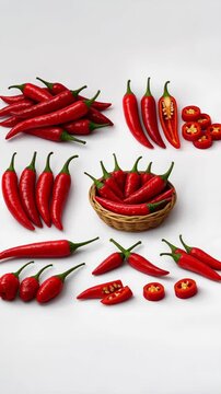 Assorted Red Chili Peppers and Slices on White Background