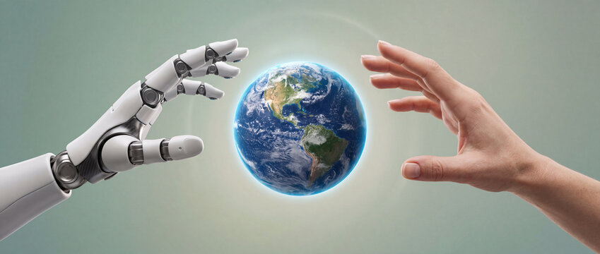Robotic hand and human hand reaching for Earth surrounded by glowing light on soft background, symbolizing global artificial intelligence partnership, environmental care, and future technology