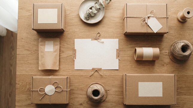 Black Friday packaging supplies arranged on a wooden table with boxes twine and a blank card for branding