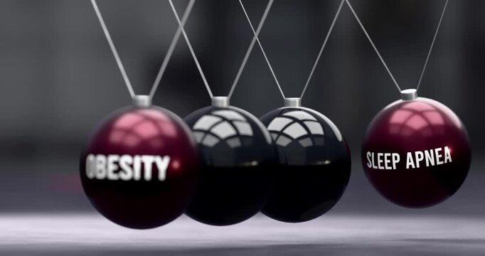 Obesity and sleep apnea in vicious cycle. Obesity causes sleep apnea. Newton cradle metaphor showing negative effects of obesity. Can be looped