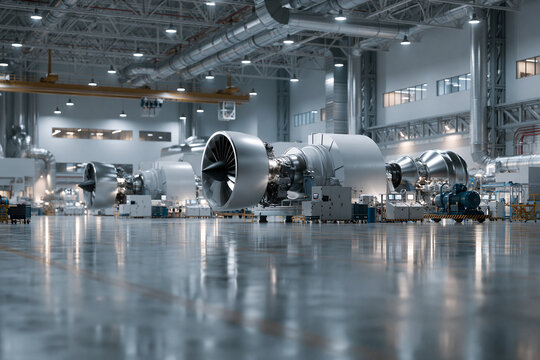 Jet engines in an aircraft manufacturing facility during daylight