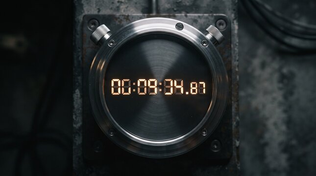 Close up of a vintage industrial stopwatch with glowing orange digital display showing 00 09 34 87