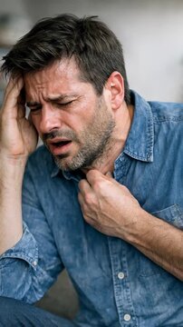 Man suffering from heart attack clutching chest in agony