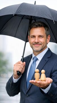 Smiling Man in Suit Holding Umbrella and Wood Figurines for Protection