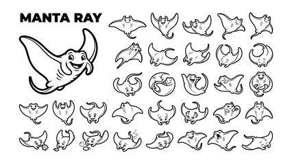 Obraz premium Collection of Manta Ray Illustrations: A variety of cute and cartoonish illustrations showcase manta rays in different poses and expressions, highlighting their unique shape and aquatic grace.