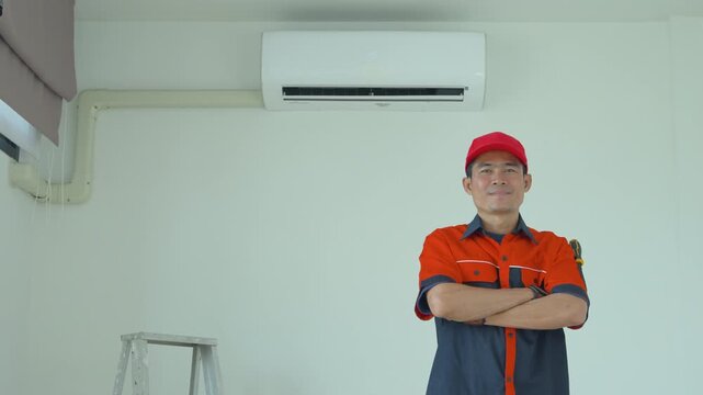Professional air conditioning technician standing with arms crossed in a residential room