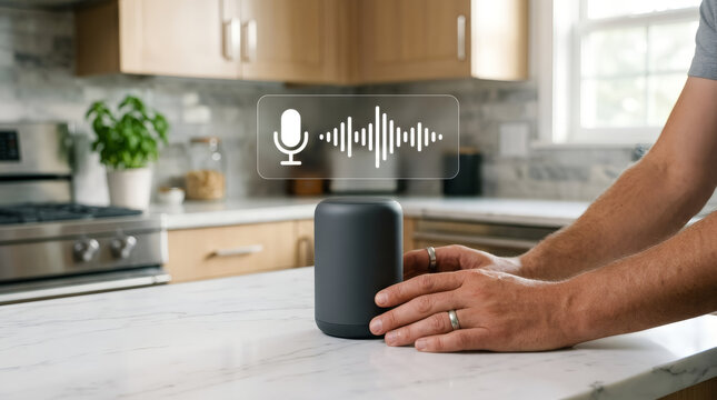 Person using smart speaker with voice command interface in modern kitchen setting.