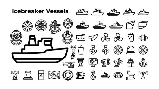 Icebreaker Vessels Icon Set: A collection of vector icons depicting various icebreaker vessels, navigational tools, and maritime equipment, presented in a clean, modern style.