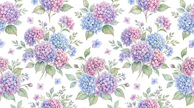 Seamless pattern with pink and purple hydrangea flowers