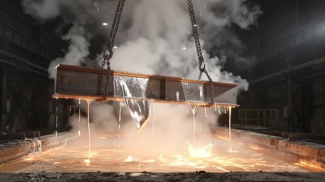 Steel beam lifted out of a molten zinc galvanizing bath