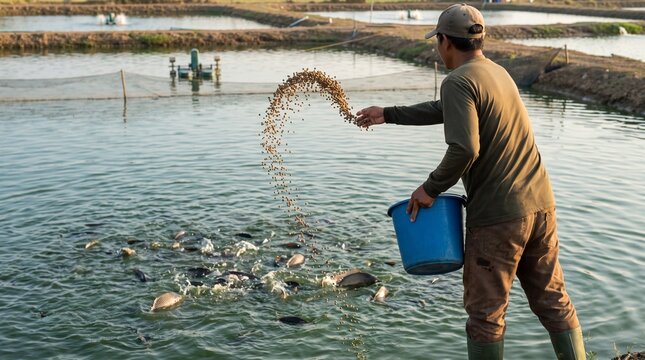 Fish farmer spreading feed into aquaculture pond