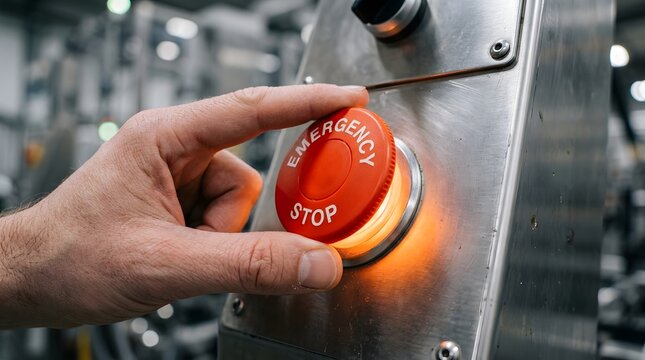 A close-up view of a male worker's hand pressing a glowing red emergency stop button on an industrial metal control panel in a factory to ensure safety and shut down machinery quickly.