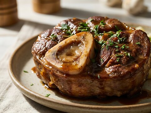 Grilled veal osso bucco with lemon slice garnish on rustic plate for restaurant menu presentation. veal osso bucco