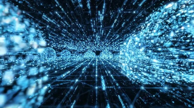 Binary Code Zeros Ones Data Flow Neural Network Visualization with Digital Nodes, Big Data AI Machine Learning Algorithm System, Digital Technology Background for Artificial Intelligence Concept