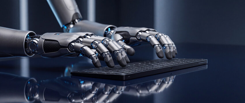 Robotic hands typing on a keyboard with polished metallic fingers over a reflective dark blue desk, representing artificial intelligence automation and future software development