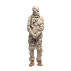 Obraz premium Mummy costume figure wrapped in beige bandages stands upright with arms crossed, wearing brown boots against a plain white background